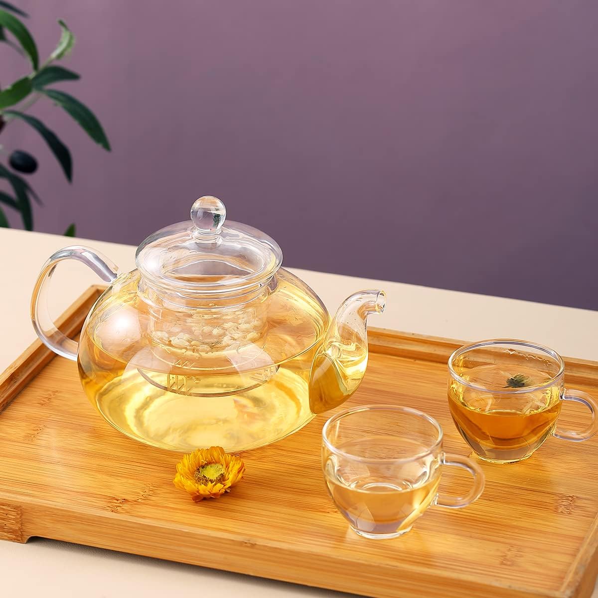 Tetera de vidrio con infusor y 4 tazas de té, 1 L