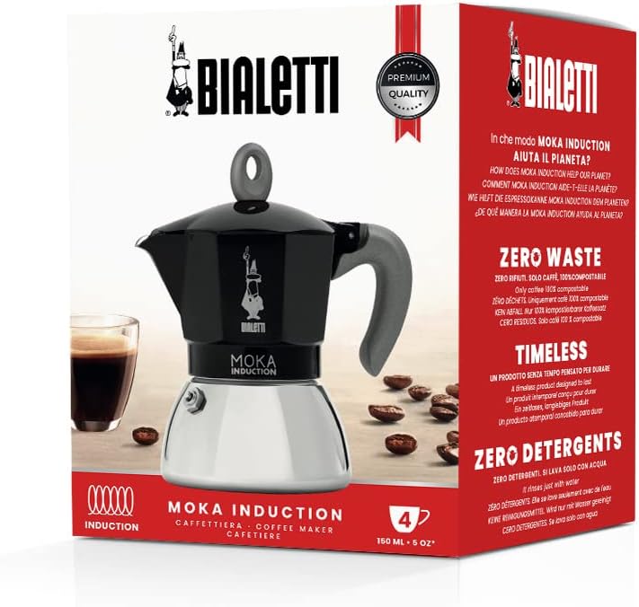Cafetera Manual Bialetti, Moka Induction Espresso, 4 tazas Negra